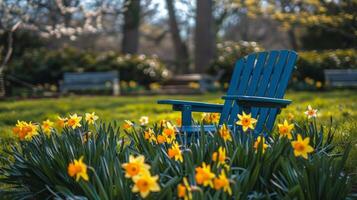 ai generiert Blau Stuhl im Gelb Blume Feld foto