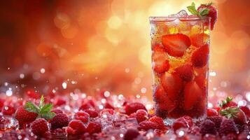 ai generiert Glas von Flüssigkeit mit Erdbeeren auf Tabelle foto