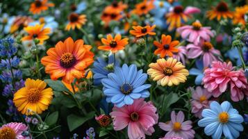 ai generiert vielfältig Feld von mehrfarbig Blumen foto