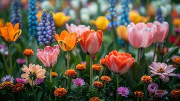 ai generiert vielfältig Feld von mehrfarbig Blumen foto