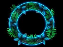 ai generiert Grün und Blau Neon- Licht mit tropisch Blätter, tropisch Blatt im Neon- Farben foto