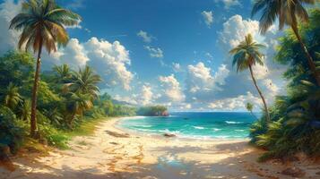 ai generiert ein Gemälde von ein Strand mit Palme Bäume foto