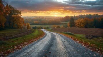 ai generiert leeren Straße Schneiden durch Feld foto