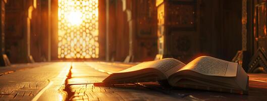 ai generiert islamisch heilig Buch Koran auf das Fußboden im das Moschee. foto