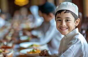 ai generiert Familie haben Mittagessen zusammen während Ramadan foto