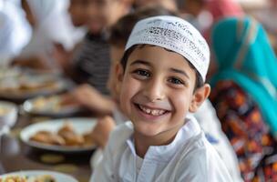 ai generiert Familie haben Mittagessen zusammen während Ramadan foto