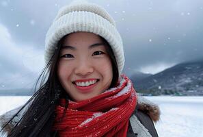 ai generiert schön asiatisch Frau im Schnee Winter Jahreszeit mit glücklich und Lächeln foto