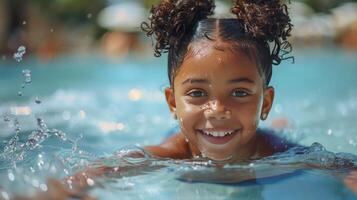 ai generiert jung Mädchen Schwimmen im ein Schwimmbad foto