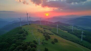 ai generiert Gruppe von Wind Turbinen auf Hügel foto