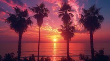 ai generiert beschwingt Sonnenuntergang mit Palme Bäume und Ozean foto