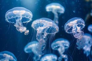 ai generiert glühend Qualle schwimmen im tief Blau meer.generativ ai foto