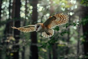 ai generiert Scheune Eule fliegend im Wald Tierwelt Szene.generativ ai foto