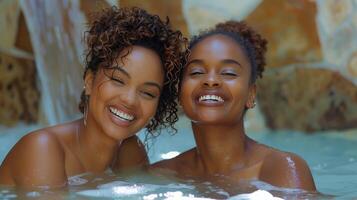 ai generiert Frauen Schwimmen im ein Schwimmbad foto