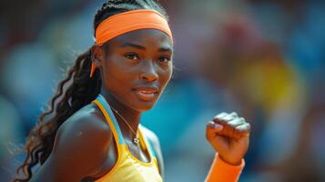 ai generiert weiblich Tennis Spieler im Gelb oben und Orange Stirnband foto