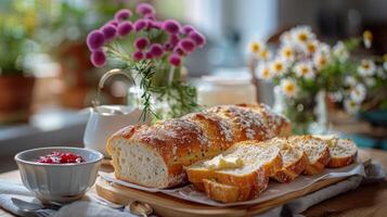 ai generiert Laib von Brot auf hölzern Schneiden Tafel foto