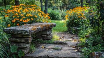 ai generiert Stein Bank im Garten foto