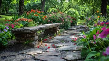 ai generiert Stein Bank im Garten foto