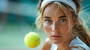 ai generiert jung Frau halten Tennis Schläger foto