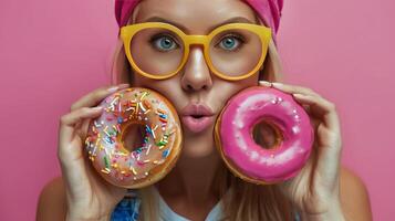 ai generiert Frau halten zwei Rosa Donuts foto