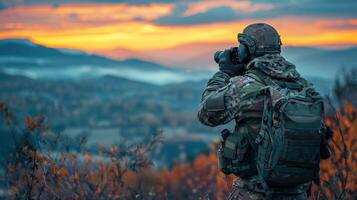 ai generiert Soldat suchen durch Umfang beim Sonne foto