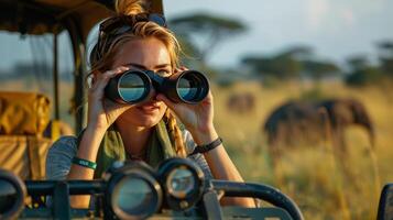 ai generiert Frau mit Fernglas zu beobachten Herde von Elefanten foto