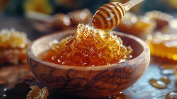 ai generiert Honig tauchen mit hölzern Löffel foto