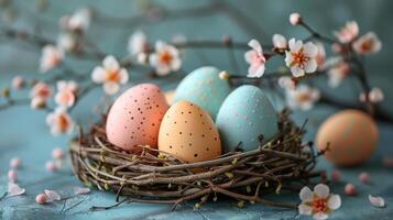 ai generiert Nest gefüllt mit Eier auf Tabelle foto