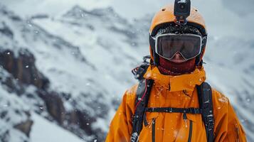 ai generiert Mann im Orange Jacke und Helm Stehen im Schnee foto
