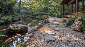 ai generiert japanisch Garten mit Teich und Felsen foto