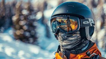 ai generiert Mann im Orange Jacke und Helm Stehen im Schnee foto