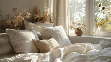 ai generiert Bett mit Weiß Blätter und Kissen durch Fenster foto