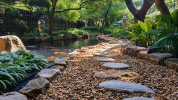 ai generiert japanisch Garten mit Teich und Felsen foto