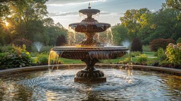 ai generiert Brunnen im Park umgeben durch Bäume foto