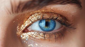 ai generiert Frauen Blau Auge mit Gold funkeln foto
