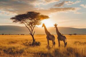 ai generiert Giraffe beim Savanne auf Sonnenuntergang Himmel.generativ ai foto