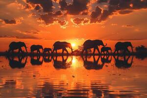 ai generiert afrikanisch Elefant Familie Trekking über das Fluss beim Dämmerung, silhouettiert .generativ ai foto