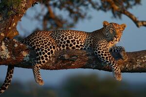 ai generiert Leopard ist Lügen auf Baum im das Abend.generativ ai foto