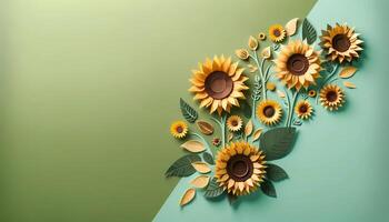 ai generiert Papier Schnitt Kunst Origami Stil von Sonnenblume mit Kopieren Raum zum Text Grün Hintergrund foto