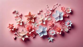 ai generiert Papier Schnitt Origami zum Sakura Blume und Gelb Hintergrund foto