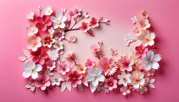 ai generiert Papier Schnitt Origami zum Sakura Blume und Gelb Hintergrund foto