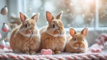 ai generiert Gruppe von drei süß rot Kaninchen Sitzung auf das Fensterbrett. Ostern Konzept. foto