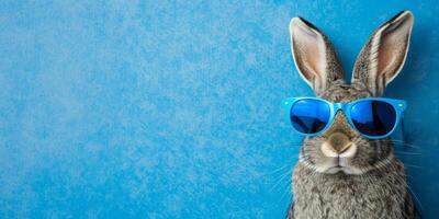 ai generiert schließen oben Porträt von ein grau Hase tragen Blau Sonnenbrille gegen ein Blau Hintergrund. Konzept von glücklich Ostern und Frühling. foto