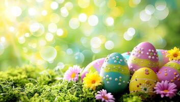 ai generiert bunt Ostern Eier und Frühling Blumen auf grasig Feld mit Bokeh Hintergrund. Konzept von Frühling Ferien und Naturen Erneuerung foto