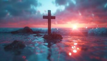 ai generiert Kreuz auf das Strand beim Sonnenuntergang foto