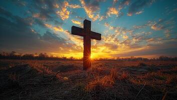 ai generiert Kreuz im das Feld beim Sonnenuntergang. Kreuz im das Feld beim Sonnenuntergang foto