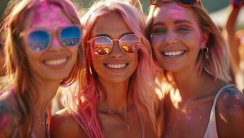 ai generiert Porträt von glücklich freunde beim holi Farbe Festival auf das Strand foto