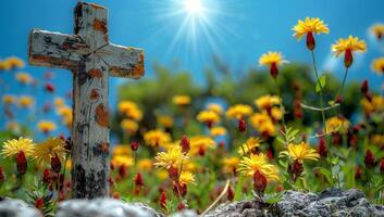 ai generiert Kreuz und Blumen im ein Wiese auf das Hintergrund von das Sonne foto