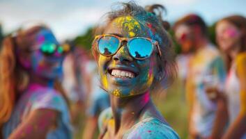 ai generiert glücklich jung Frau mit Farbe Pulver auf ihr Gesicht beim holi Festival foto