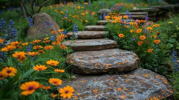 ai generiert Garten mit Felsen und Blumen foto
