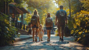 ai generiert Gruppe von Menschen Gehen Nieder Straße mit Rucksäcke foto